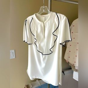 Elie Tahari viscose white ruffled-neck blouse with black piping